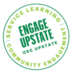Round stamp with the text Engage Upstate USC Upstate Service Learning and Community Engagement.