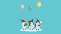 group of penguins standing on a iceberg having a party with balloons, and party treats