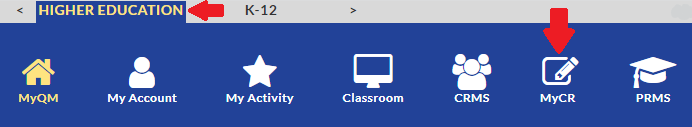 higher education is highlighted and there is an arrow pointing at the 6 icon labeled MyCR