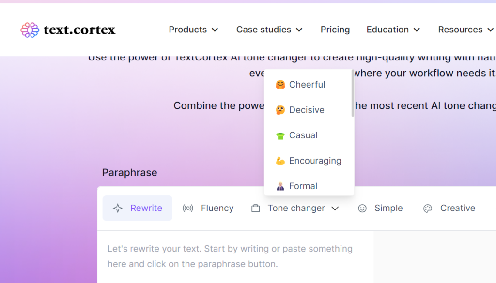 Screenshot of Text.Cortex AI Tone Changer, showing options for a more cheerful, decisive, casual, encouraging, formal, simple, or creative tone.
