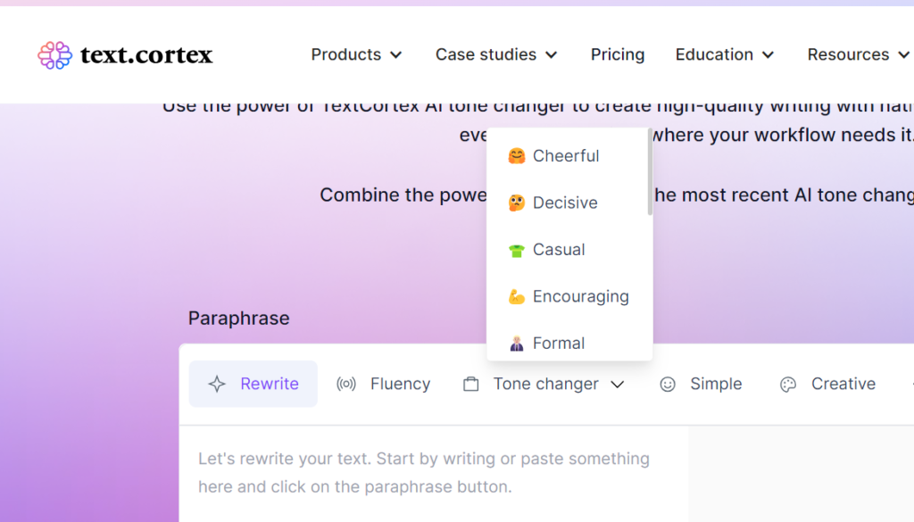 Screenshot of Text.Cortex AI Tone Changer, showing options for a more cheerful, decisive, casual, encouraging, formal, simple, or creative tone. 