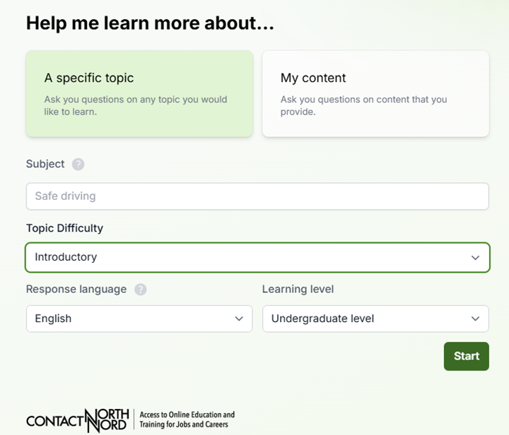 Screenshot of AI Tutor Pro by Contact Nord. Chat asks learners to "Help me learn more about...."