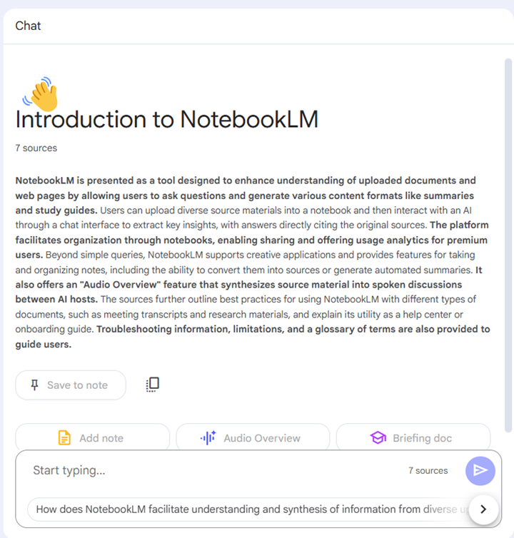 Screenshot of central panel of Google's NotebookLM sample notebook, including an overview and chat interface.