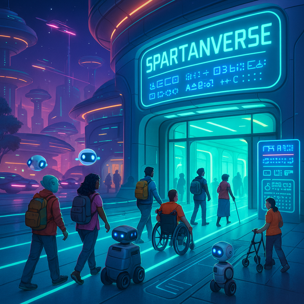 A bright, futuristic Star Wars–inspired college campus scene in a world called 'Spartanverse'. Students, faculty, and droids enter and exit the building on ramps.
