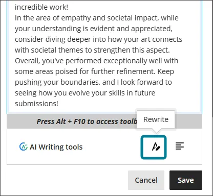 Screenshot of Blackboard Artificial Intelligence Virtual Assistant Rewrite Feedback Tool