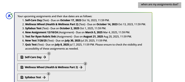 Screenshot of AVA chat in Blackboard course. Student asks, "When are my assignments due?" AVA lists all upcoming due dates in order and provides assignment links in chronological order. 