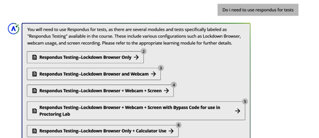screenshot of AVA chat. Student says, "Do I need to use Respondus for tests?" AVA answers that there are several modules and tests specifically labeled Respondus testing and provides links to those materials.