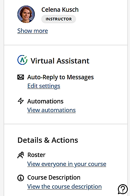 Screenshot of Blackboard Course Content page Details & Actions menu, including Virtual Assistant Auto-Reply to Messages with Edit Settings link. 
