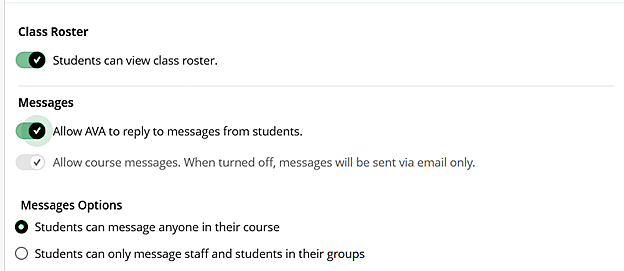 Course Settings options showing Class Roster on, All AVA to reply to messages from students on, and Students can message anyone in their course on