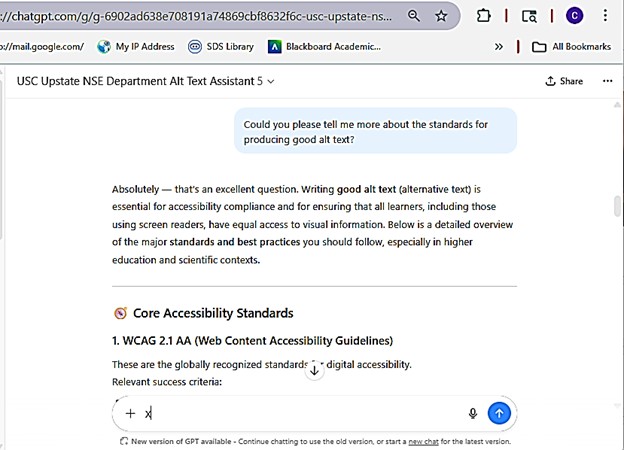 Screenshot of Alt Text Assistant answering the question, "Could you please tell me more about the standards for producing good alt text?"