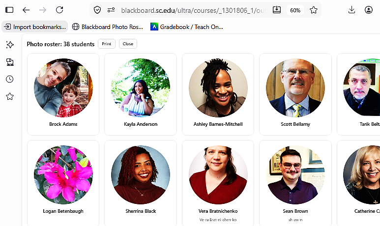Screenshot of Blackboard Photo Roster View with print and close options, student photos, student names, and pronunciations.