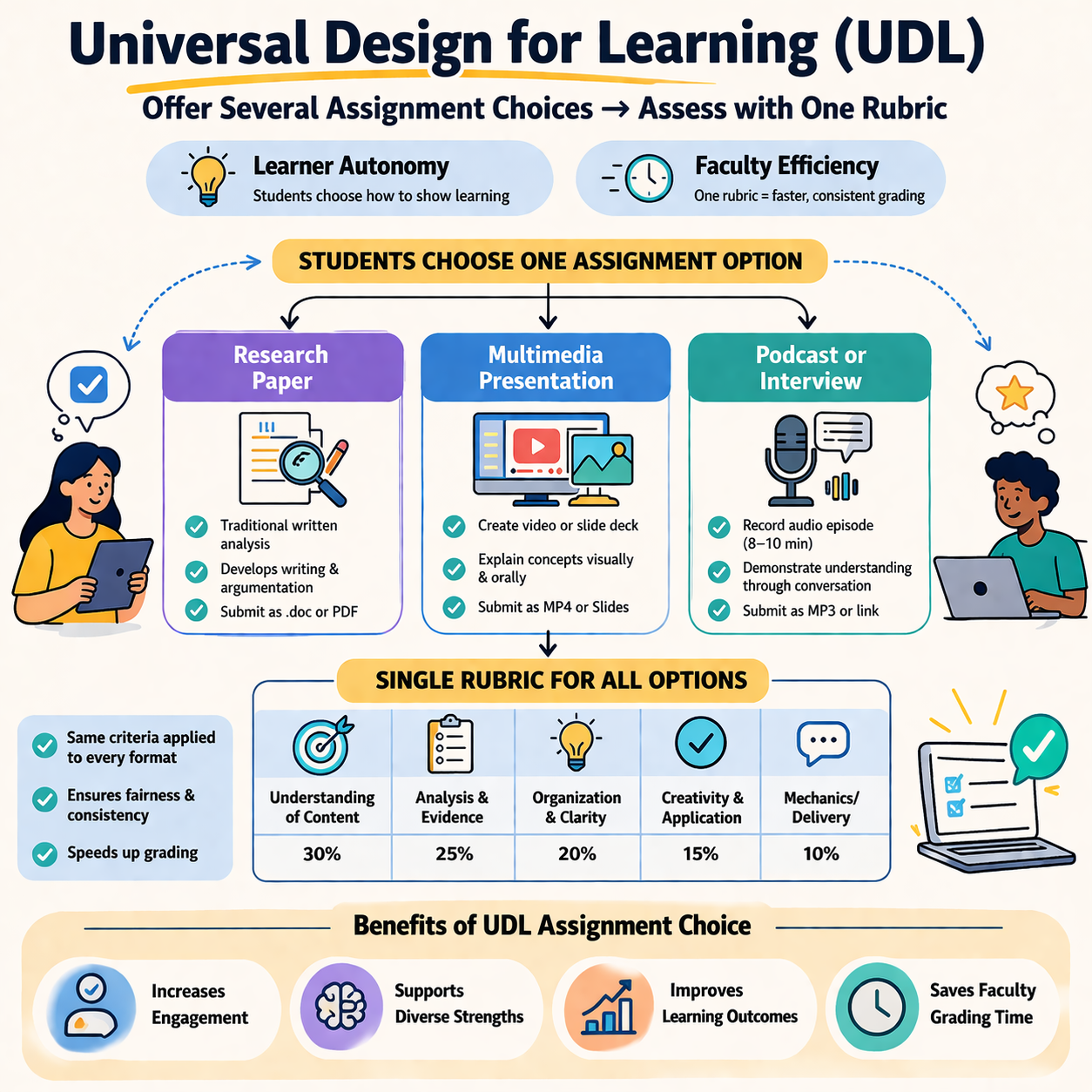 Infographic showing Universal Design for Learning with three assignment options—research paper, multimedia presentation, and podcast/interview—connected to a single shared rubric. It emphasizes consistent evaluation, student choice, and benefits like increased engagement and reduced grading time. Long description below the image.