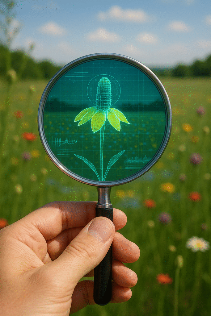 AI-generated image of AI-enhanced view of a flower in a meadow full of other wildflowers