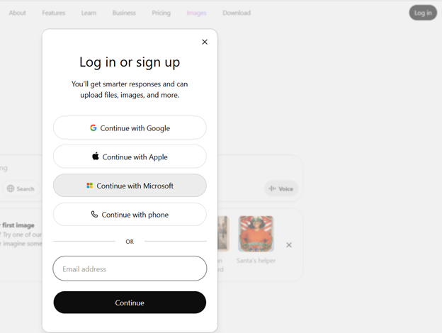 Screenshot of ChatGPT login options, with Continue with Microsoft highlighted