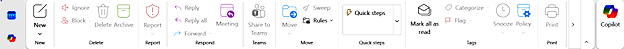 Screenshot of Microsoft Outlook toolbar, with Copilot icon in app menu and on the right side of the Outlook menu