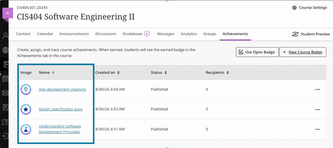 This image shows the Achievements tab in Blackboard Ultra, with a blue box around three course achievement badges for assignments like app development, creativity, design specification guru, and understanding software development principles.