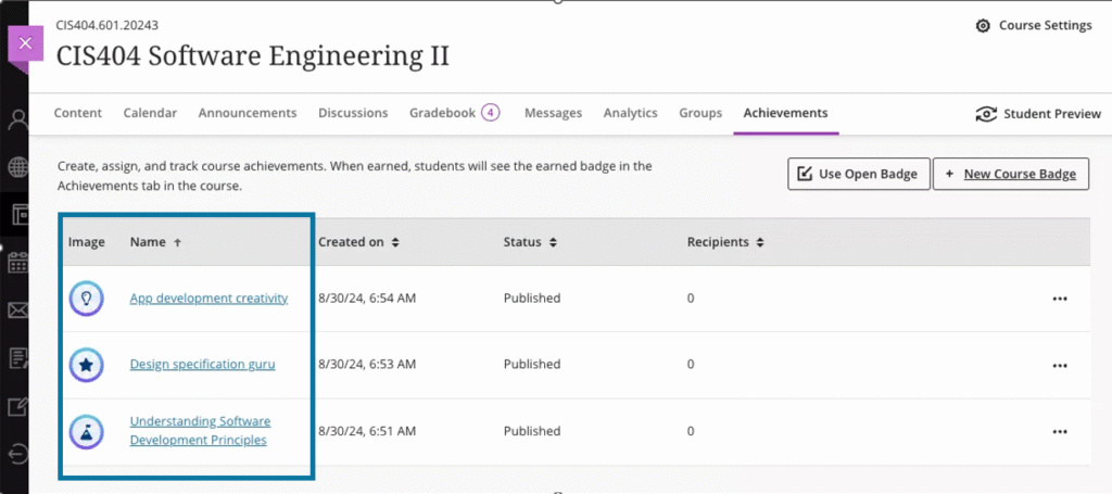 This image shows the Achievements tab in Blackboard Ultra, with a blue box around three course achievement badges for assignments like app development, creativity, design specification guru, and understanding software development principles.