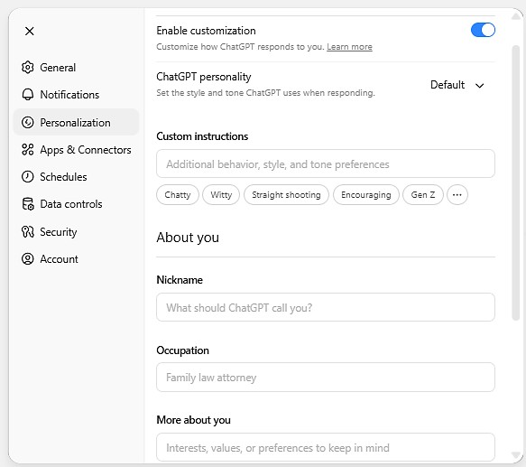 Screenshot of Personalization menu in ChatGPT.edu, including Enable customization, ChatGPT personality, Custom Instructions, About You: Nickname, occupation, and More about you.