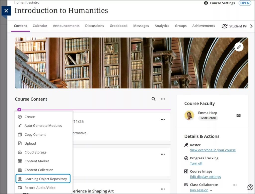 This image shows a Blackboard course page, an activated purple plus sign under course content, and the drop down menu with "learning objective repository" highlighted to select the AI policy you'd like to use with your course or module.