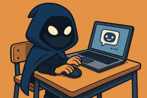 masked superhero seated in a school desk working on a laptop. AI-Generated Image