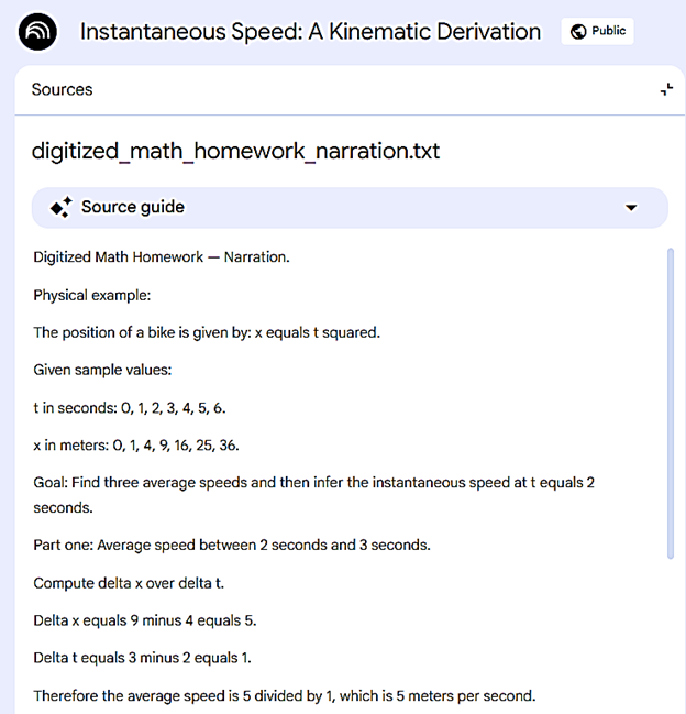 Screenshot of Notebook LM source material for a digitized math homework narration.
