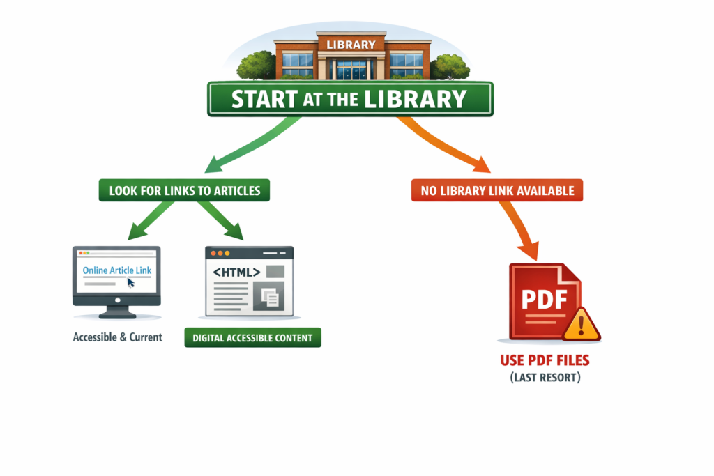 Library access flowchart showing pathways to online content or PDF files as a last resort. A full description of the image is below.