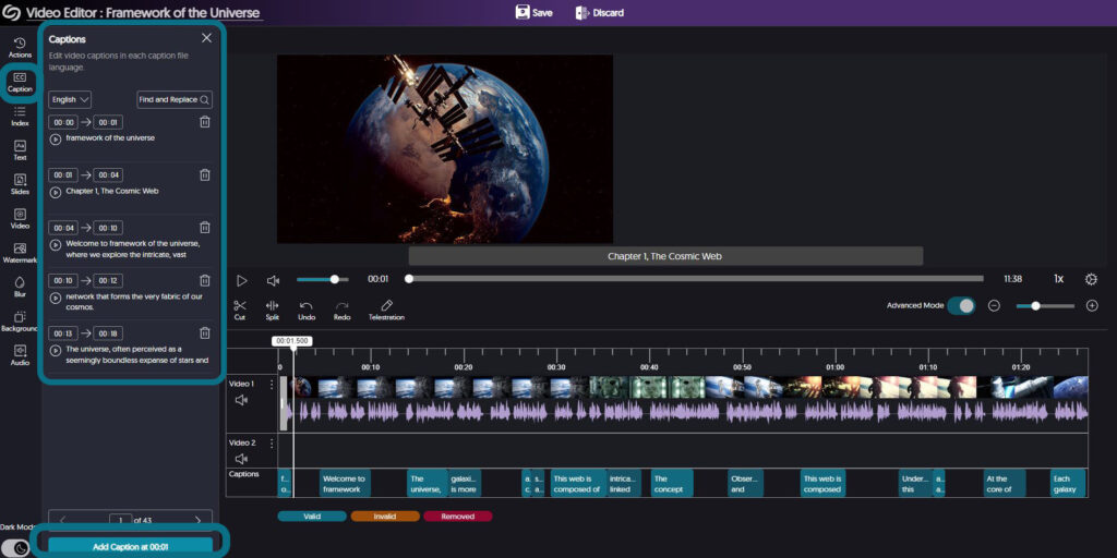 Screenshot of YuJa video editor showing captions panel for editing