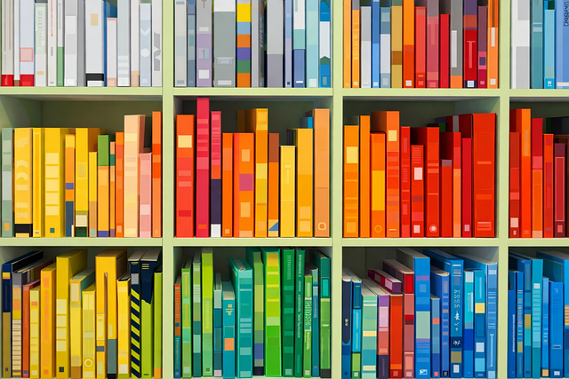 Cartoon of a bookshelf with books grouped by color, included shelf sections for yellow, orange, green, and blue books