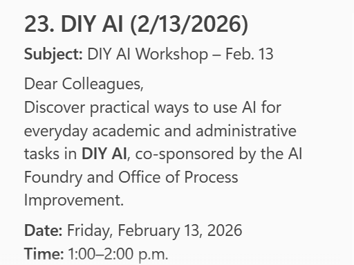 screenshot of auto-generated email invitation for DIY AI 2/13/2026 DIY AI Workshop-Feb. 13 with text inviting colleagues to a workshop. 