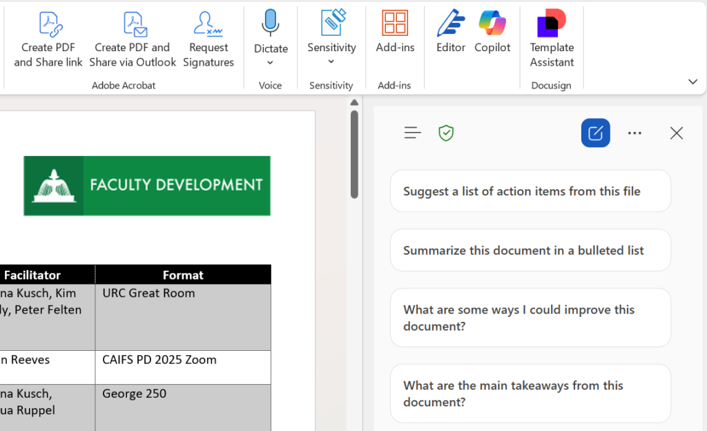 Screenshot of Copilot chat in a Word document with several prompt buttons: "Suggest a list of action items from this file, Summarize this document in a bulleted list, What are some ways I could improve this document?, and What are the main takeaways from this document?