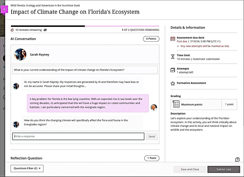 Screenshot of AI Conversation interface for students with image of the AI persona and examples of chat dialogue between student and AI persona