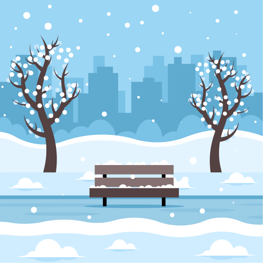 Illustration of a snowy winter park with a wooden bench, bare trees covered in snow on either side, and a city skyline in the background under a light blue sky with falling snow.