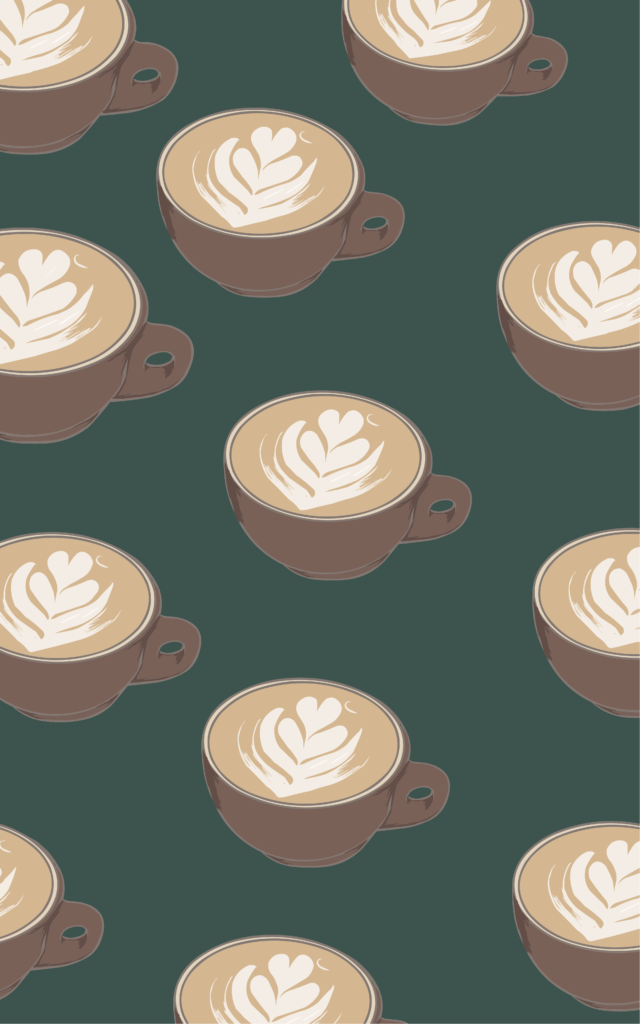 A pattern featuring illustrated brown coffee cups filled with lattes, each topped with white latte art in a heart design, arranged on a dark green background.